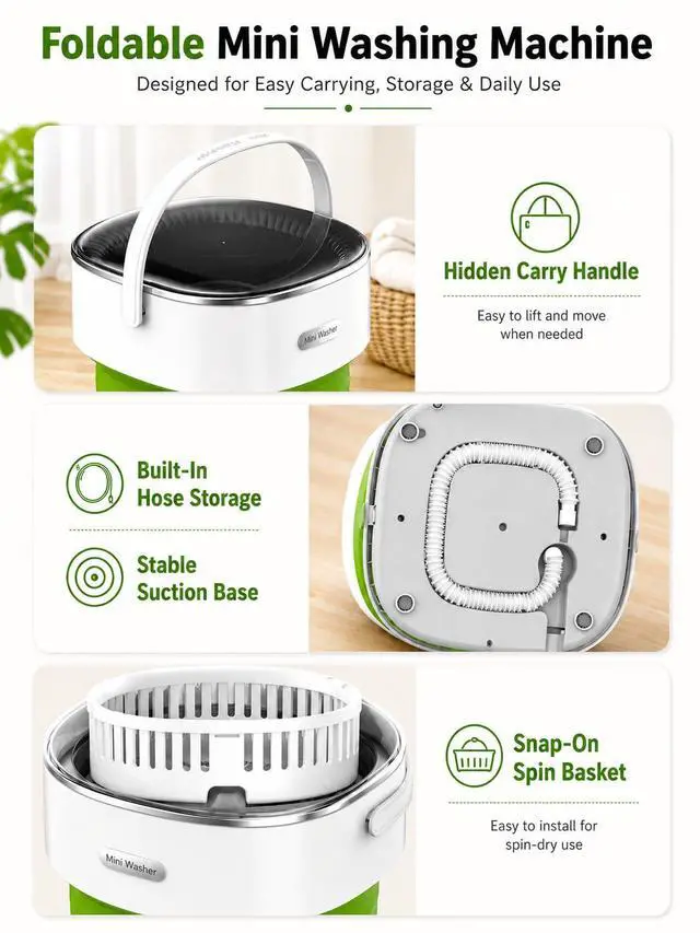 Alt view image 7 of 7 - Portable Washing Machine 16L Foldable Mini Washer for Underwear Socks Baby Clothes Small Loads Compact Washer for Apartment Dorm RV Travel (Green)