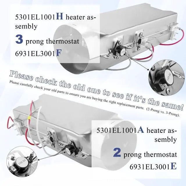 Alt view image 3 of 7 - 5301EL1001H Dryer Heating Element fit for LG.TROMM DLEX7177WM DLE5977W | Heater Assembly 5301EL1001H fit for Kenmore Elite 79680272900, 3 Prong Thermostat 6931EL3001F DLE2516W DLE0442W