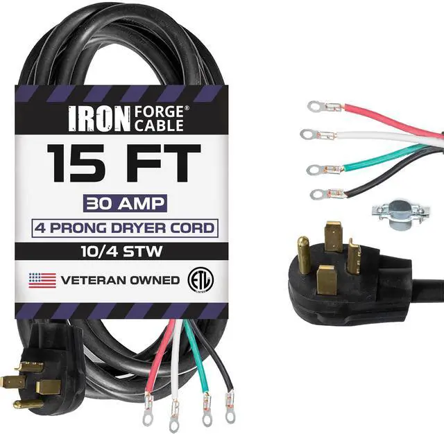Main image of 4 Prong Dryer Cord, 15 Ft - Black | 10/4 STW Cable, NEMA 14-30 Plug, 30 Amp, Black - For Dryers