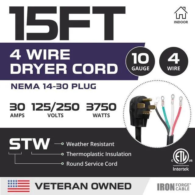 Alt view image 2 of 7 - 4 Prong Dryer Cord, 15 Ft - Black | 10/4 STW Cable, NEMA 14-30 Plug, 30 Amp, Black - For Dryers
