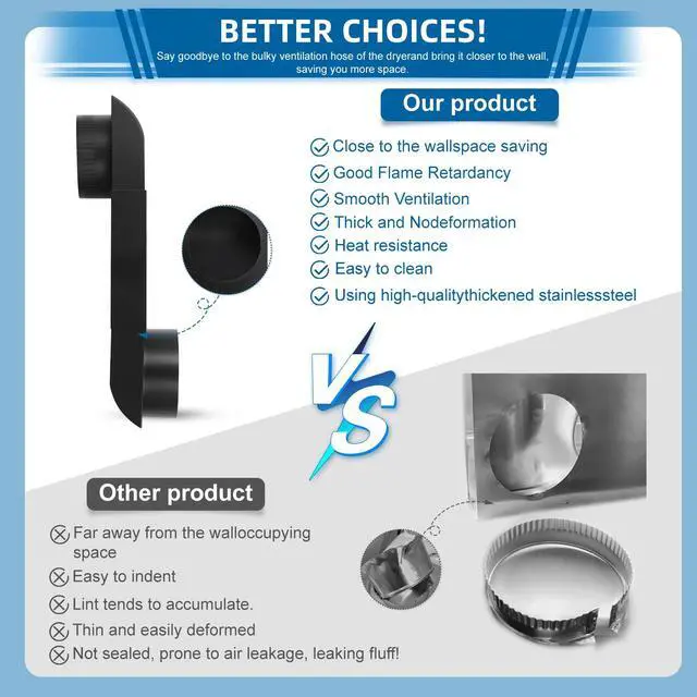 Alt view image 3 of 7 - Periscope Dryer Vent Kit, 2 Fixed Sizes 6.5" & 12" Flat Slim Stainless Steel Dryer Vent Duct, Space Saver 4-Inch Dryer Connector Compatible with Whirlpool and Major Brands, Includes Foil Tape