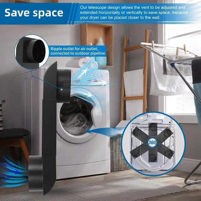 Alt view image 5 of 7 - Periscope Dryer Vent Kit, 2 Fixed Sizes 6.5" & 12" Flat Slim Stainless Steel Dryer Vent Duct, Space Saver 4-Inch Dryer Connector Compatible with Whirlpool and Major Brands, Includes Foil Tape