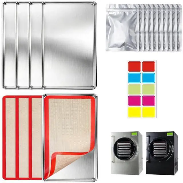Main image of Freeze Dryer Trays for Harvest Right Small, 4 Stainless Steel Pans | 14 x 7.75 in trays include 4 silicone mats, 10 Mylar bags and labels for freeze drying, meal prep and food storage