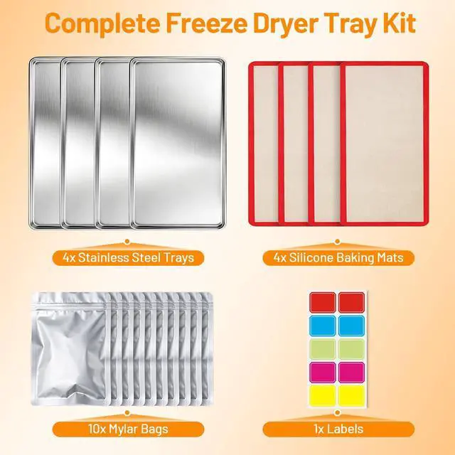 Alt view image 2 of 7 - Freeze Dryer Trays for Harvest Right Small, 4 Stainless Steel Pans | 14 x 7.75 in trays include 4 silicone mats, 10 Mylar bags and labels for freeze drying, meal prep and food storage