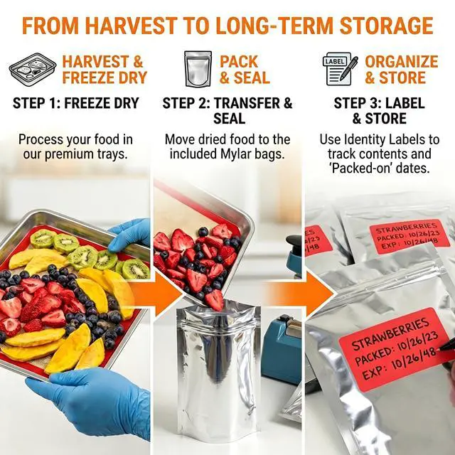 Alt view image 6 of 7 - Freeze Dryer Trays for Harvest Right Small, 4 Stainless Steel Pans | 14 x 7.75 in trays include 4 silicone mats, 10 Mylar bags and labels for freeze drying, meal prep and food storage
