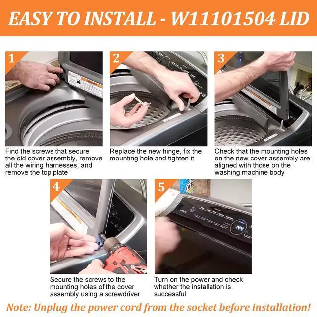 Alt view image 5 of 7 - UPGRADED W11101504 W11256781 Washer Lid Assembly Compatible With Maytag Washer Lid Replacement Parts For Whirlpool MVWB765FC3 Lid With WP8572974 Right Lid Hinge & WP8563965 Left Lid Hinge & 4 Screws