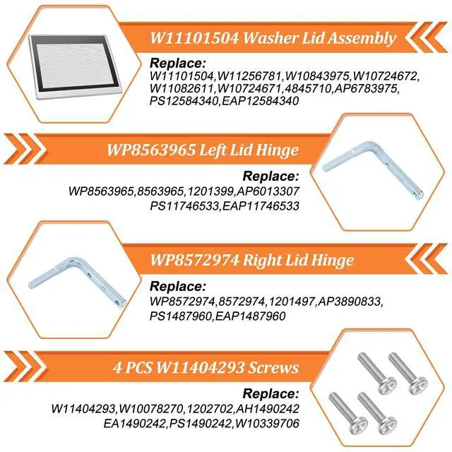 Alt view image 6 of 7 - UPGRADED W11101504 W11256781 Washer Lid Assembly Compatible With Maytag Washer Lid Replacement Parts For Whirlpool MVWB765FC3 Lid With WP8572974 Right Lid Hinge & WP8563965 Left Lid Hinge & 4 Screws