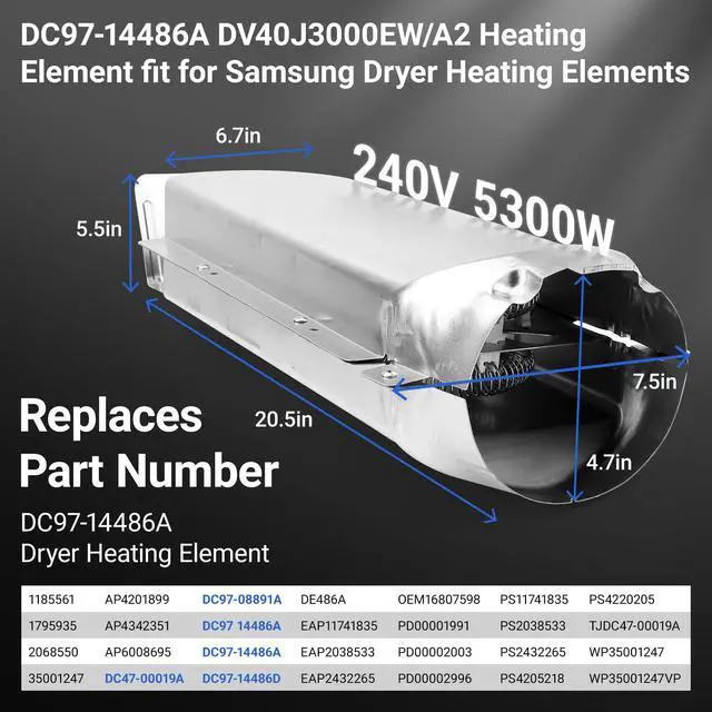 Alt view image 2 of 7 - Heating Element fit for Samsung Flex Dryer DV42H5000EW/A3 DC97-14486A | Dryer Heating Element fit for Samsung DVE50R5400V/A3 DVE50R5200W/A3 DVE45R6100C/A3 DVE45R6100P/A3 DVE45R6100W/A3 DV40J3000EW