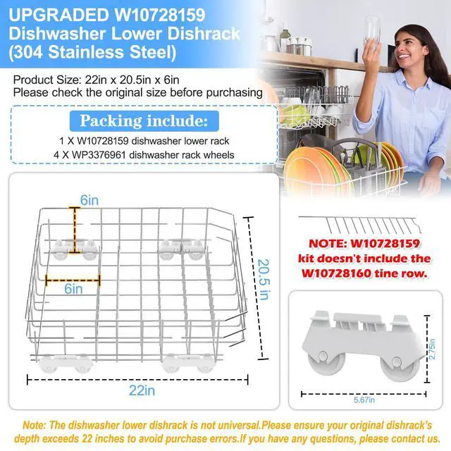 Alt view image 2 of 7 - UPGRADED W10728159 Dishwasher Lower Rack Compatible with Kitchenaid Maytag Kenmore Dishwasher Rack,W10525646 W10082825 KDFE104DSS4 Stainless Steel Whirlpool Dishwasher Bottom Rack with Wheel
