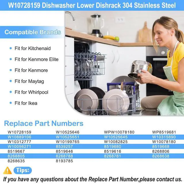 Alt view image 4 of 7 - UPGRADED W10728159 Dishwasher Lower Rack Compatible with Kitchenaid Maytag Kenmore Dishwasher Rack,W10525646 W10082825 KDFE104DSS4 Stainless Steel Whirlpool Dishwasher Bottom Rack with Wheel