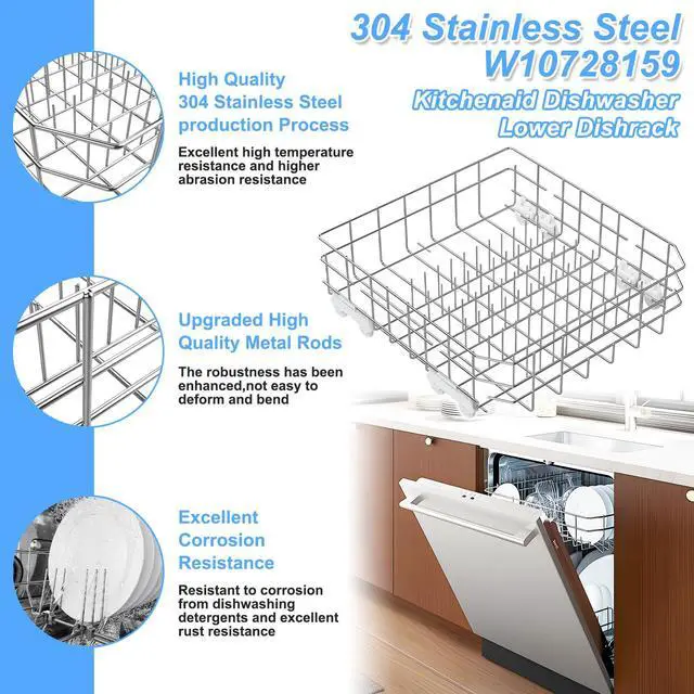 Alt view image 3 of 7 - UPGRADED W10728159 Dishwasher Lower Rack Compatible with Kitchenaid Maytag Kenmore Dishwasher Rack,W10525646 W10082825 KDFE104DSS4 Stainless Steel Whirlpool Dishwasher Bottom Rack with Wheel
