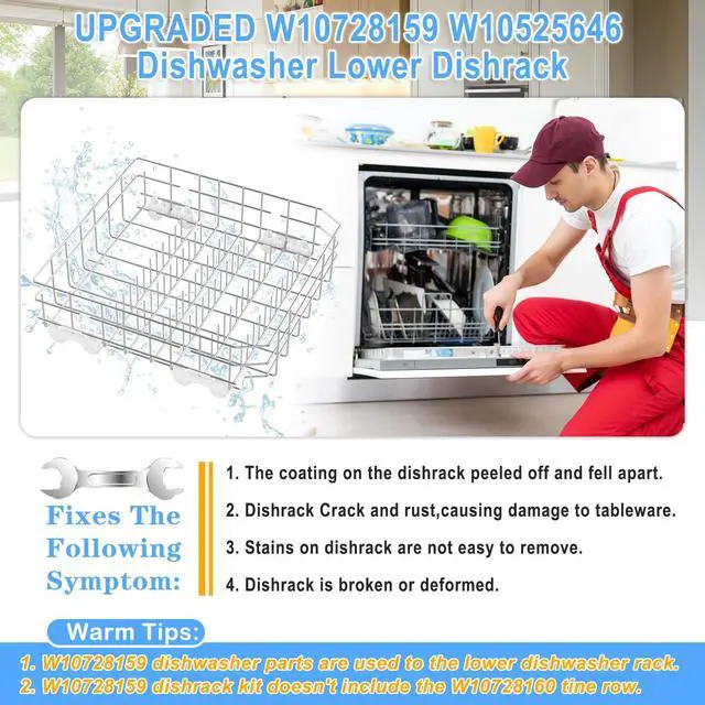 Alt view image 6 of 7 - UPGRADED W10728159 Dishwasher Lower Rack Compatible with Kitchenaid Maytag Kenmore Dishwasher Rack,W10525646 W10082825 KDFE104DSS4 Stainless Steel Whirlpool Dishwasher Bottom Rack with Wheel