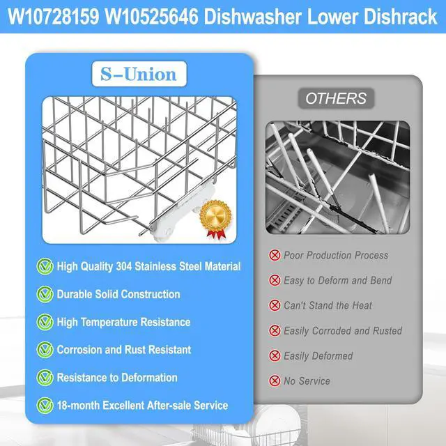 Alt view image 7 of 7 - UPGRADED W10728159 Dishwasher Lower Rack Compatible with Kitchenaid Maytag Kenmore Dishwasher Rack,W10525646 W10082825 KDFE104DSS4 Stainless Steel Whirlpool Dishwasher Bottom Rack with Wheel