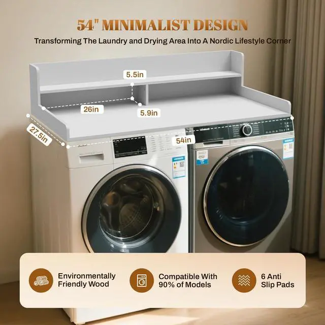 Alt view image 2 of 7 - 2-Tier Washer Dryer Countertop 54x27.5" Laundry Machine Topper,White | With Edge & Non-Slip Pads, for Laundry Room Organization Storage Clothes Folding, Durable 2-Tier Laundry Shelf Topper