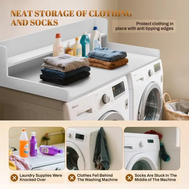 Alt view image 4 of 7 - 2-Tier Washer Dryer Countertop 54x27.5" Laundry Machine Topper,White | With Edge & Non-Slip Pads, for Laundry Room Organization Storage Clothes Folding, Durable 2-Tier Laundry Shelf Topper