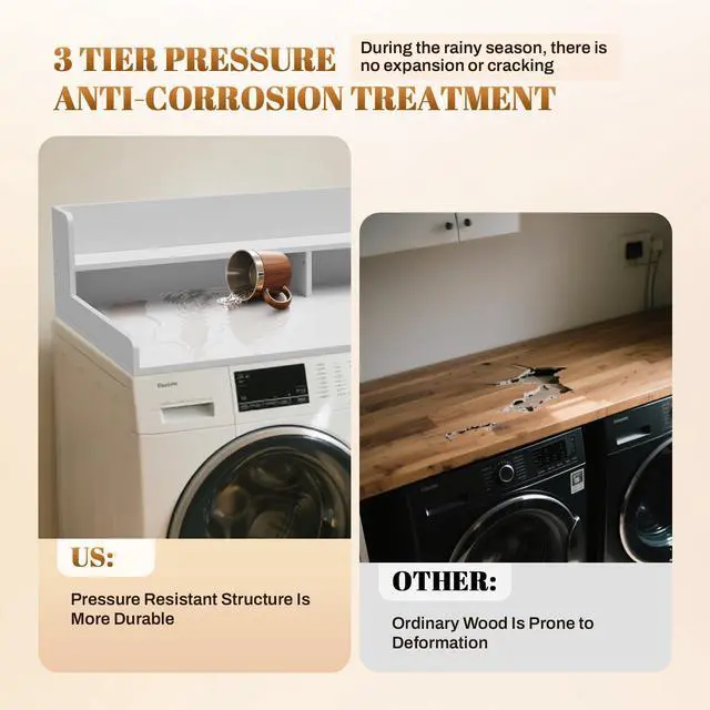 Alt view image 5 of 7 - 2-Tier Washer Dryer Countertop 54x27.5" Laundry Machine Topper,White | With Edge & Non-Slip Pads, for Laundry Room Organization Storage Clothes Folding, Durable 2-Tier Laundry Shelf Topper