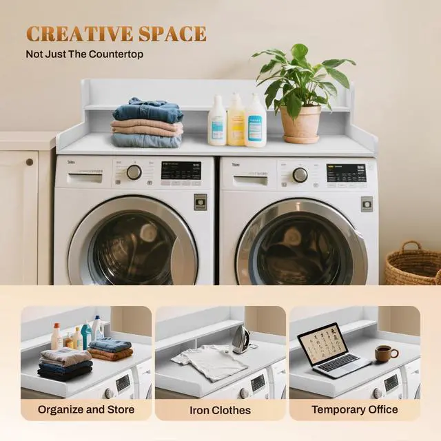 Alt view image 7 of 7 - 2-Tier Washer Dryer Countertop 54x27.5" Laundry Machine Topper,White | With Edge & Non-Slip Pads, for Laundry Room Organization Storage Clothes Folding, Durable 2-Tier Laundry Shelf Topper