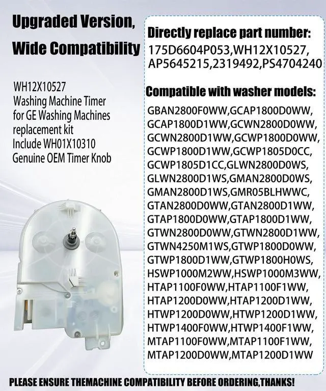 Alt view image 3 of 6 - WH12X10527 Washing Machine Timer for GE Washing Machines replacement kit(include WH01X10310 Genuine OEM Timer Knob) Fits For GE series Washer,Replacement 175D6604P053,AP5645215,2319492,PS4704240 Etc