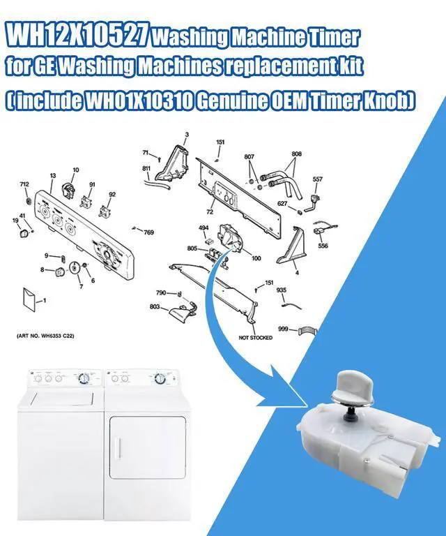 Alt view image 2 of 6 - WH12X10527 Washing Machine Timer for GE Washing Machines replacement kit(include WH01X10310 Genuine OEM Timer Knob) Fits For GE series Washer,Replacement 175D6604P053,AP5645215,2319492,PS4704240 Etc