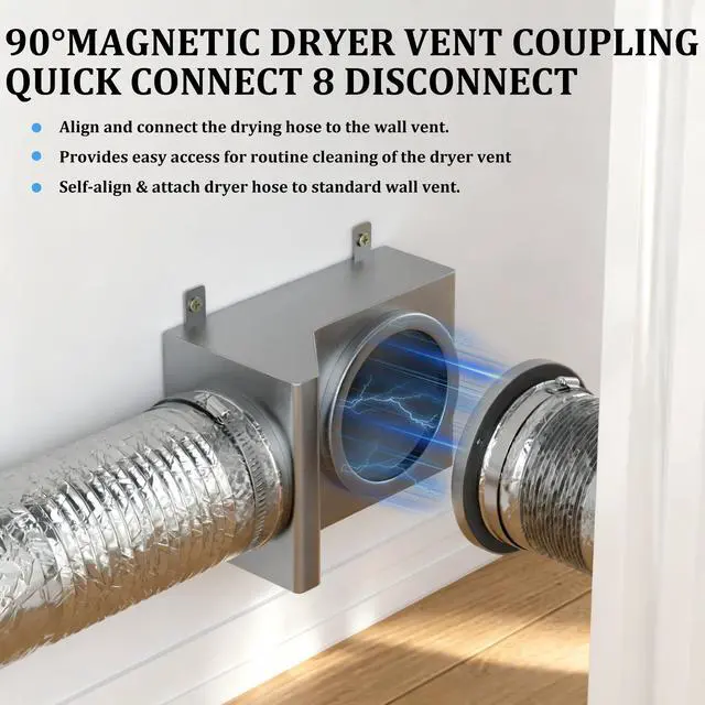 Alt view image 2 of 7 - Magnetic Dryer Vent Coupler 90 Degree, Strong Magnetic Self-Connection Dryer Vent Connector Kit, Stainless Steel Airtight Seal for Dryer Venting, Includes 2.6ft 4IN Duct & Clamps