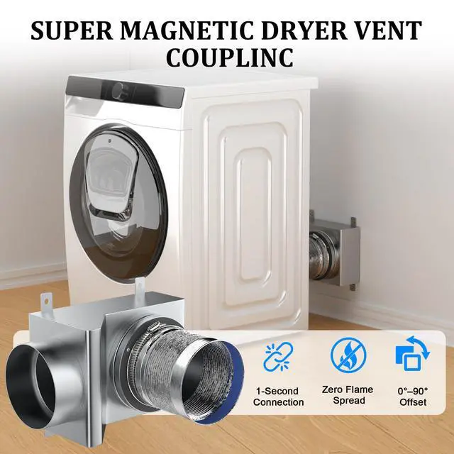 Alt view image 3 of 7 - Magnetic Dryer Vent Coupler 90 Degree, Strong Magnetic Self-Connection Dryer Vent Connector Kit, Stainless Steel Airtight Seal for Dryer Venting, Includes 2.6ft 4IN Duct & Clamps