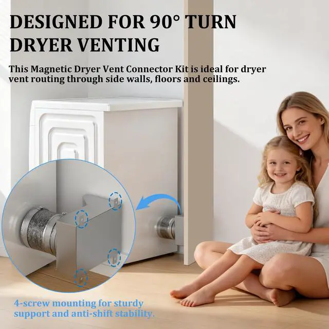 Alt view image 4 of 7 - Magnetic Dryer Vent Coupler 90 Degree, Strong Magnetic Self-Connection Dryer Vent Connector Kit, Stainless Steel Airtight Seal for Dryer Venting, Includes 2.6ft 4IN Duct & Clamps