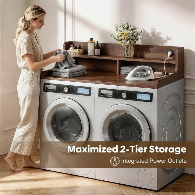 Alt view image 2 of 7 - Rechargeable Washer Dryer Countertop with Power Outlets and Storage Shelf, Extra Large Non-Slip Laundry Countertop, Multi-Purpose Laundry Room Organizer for Washer, Dryer & Laundry Baskets