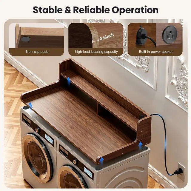 Alt view image 4 of 7 - Rechargeable Washer Dryer Countertop with Power Outlets and Storage Shelf, Extra Large Non-Slip Laundry Countertop, Multi-Purpose Laundry Room Organizer for Washer, Dryer & Laundry Baskets