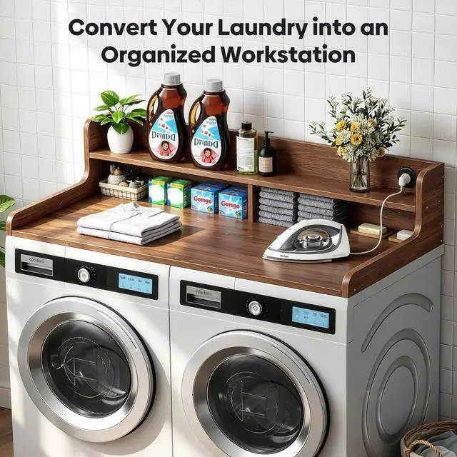 Alt view image 6 of 7 - Rechargeable Washer Dryer Countertop with Power Outlets and Storage Shelf, Extra Large Non-Slip Laundry Countertop, Multi-Purpose Laundry Room Organizer for Washer, Dryer & Laundry Baskets