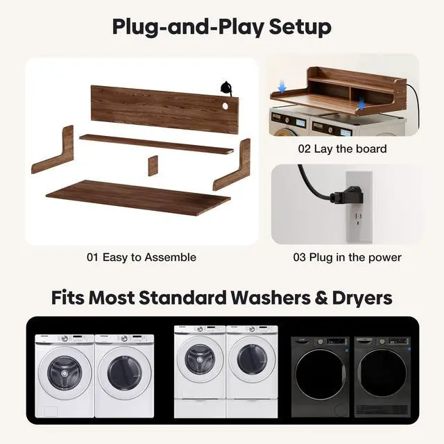 Alt view image 5 of 7 - Rechargeable Washer Dryer Countertop with Power Outlets and Storage Shelf, Extra Large Non-Slip Laundry Countertop, Multi-Purpose Laundry Room Organizer for Washer, Dryer & Laundry Baskets