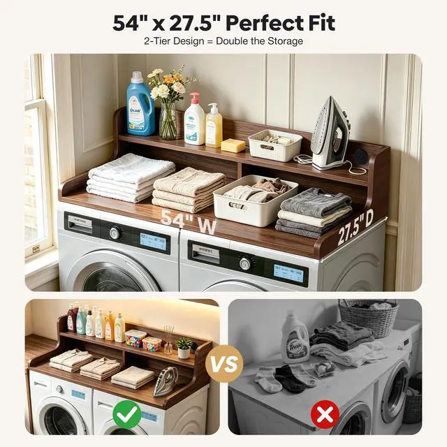 Alt view image 3 of 7 - Rechargeable Washer Dryer Countertop with Power Outlets and Storage Shelf, Extra Large Non-Slip Laundry Countertop, Multi-Purpose Laundry Room Organizer for Washer, Dryer & Laundry Baskets