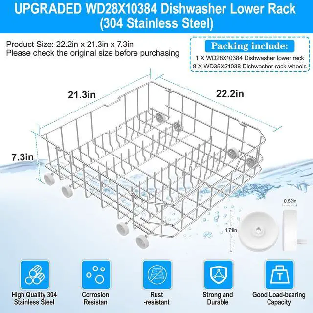 Alt view image 2 of 7 - UPGRADED WD28X10384 Dishwasher Lower Rack Compatible with GE Dishwasher Rack Replacement Parts,WD28X10166 WD28X10309 GLD5660N00SS GLD4560R00SS Stainless Steel GE Dishwasher Bottom Rack with Wheel