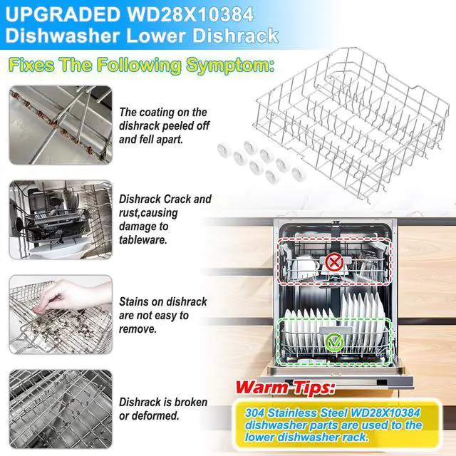 Alt view image 6 of 7 - UPGRADED WD28X10384 Dishwasher Lower Rack Compatible with GE Dishwasher Rack Replacement Parts,WD28X10166 WD28X10309 GLD5660N00SS GLD4560R00SS Stainless Steel GE Dishwasher Bottom Rack with Wheel