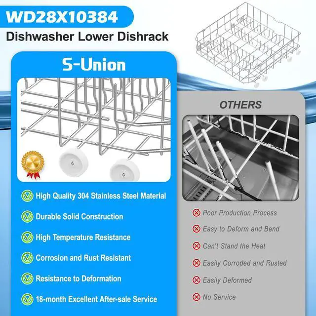 Alt view image 7 of 7 - UPGRADED WD28X10384 Dishwasher Lower Rack Compatible with GE Dishwasher Rack Replacement Parts,WD28X10166 WD28X10309 GLD5660N00SS GLD4560R00SS Stainless Steel GE Dishwasher Bottom Rack with Wheel