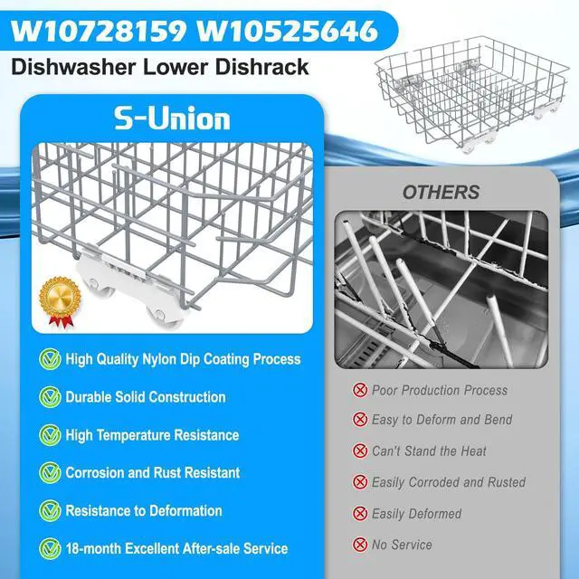 Alt view image 7 of 7 - UPGRADED W10728159 Dishwasher Lower Rack Compatible with Kenmore Kitchenaid Dishwasher Rack,w10728159 W10082825 W10780925 W10525646 KDFE104DSS4 Maytag Whirlpool Dishwasher Bottom Rack Part with Wheel