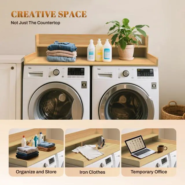 Alt view image 2 of 6 - 2-Tier Washer Dryer Countertop 54x27.5 Laundry Machine Topper,Oak | With Edge & Non-Slip Pads, for Laundry Room Organization Storage Clothes Folding, Durable 2-Tier Laundry Shelf Topper