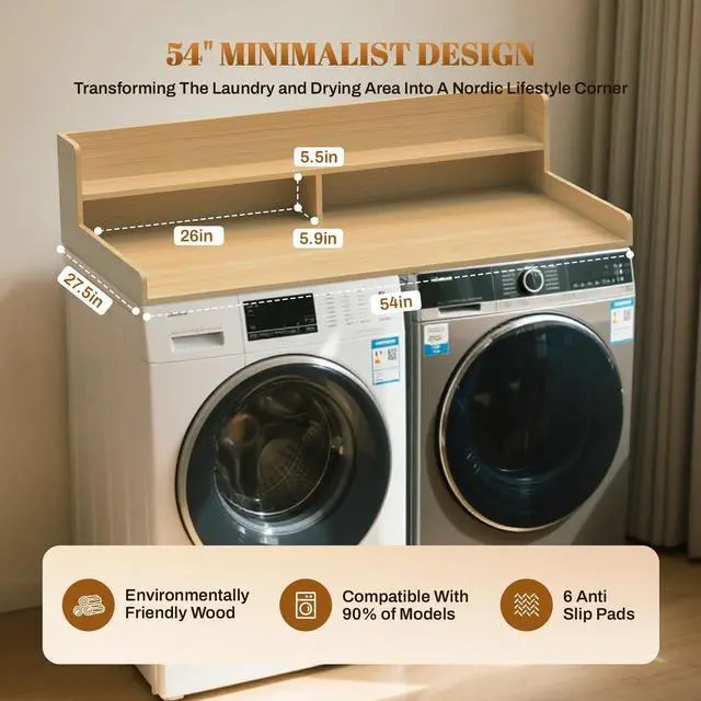 Alt view image 3 of 6 - 2-Tier Washer Dryer Countertop 54x27.5 Laundry Machine Topper,Oak | With Edge & Non-Slip Pads, for Laundry Room Organization Storage Clothes Folding, Durable 2-Tier Laundry Shelf Topper