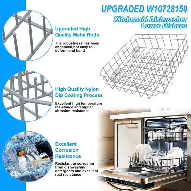 Alt view image 4 of 7 - UPGRADED W10728159 Dishwasher Lower Rack Compatible with Kenmore Kitchenaid Dishwasher Rack,w10728159 W10082825 W10780925 W10525646 KDFE104DSS4 Maytag Whirlpool Dishwasher Bottom Rack Part with Wheel