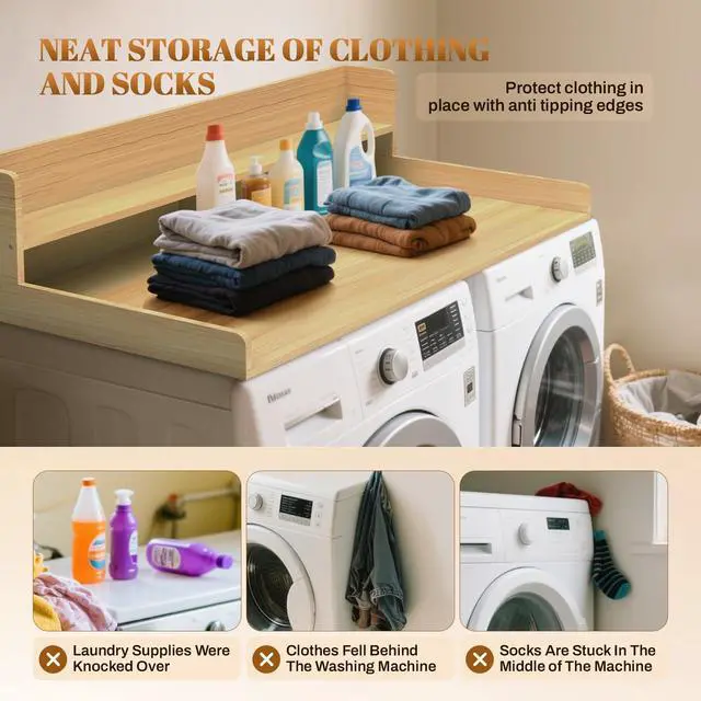 Alt view image 5 of 6 - 2-Tier Washer Dryer Countertop 54x27.5 Laundry Machine Topper,Oak | With Edge & Non-Slip Pads, for Laundry Room Organization Storage Clothes Folding, Durable 2-Tier Laundry Shelf Topper
