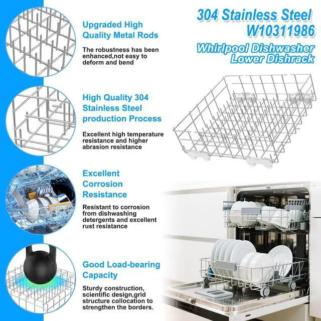 Alt view image 2 of 7 - Upgraded W10311986 W10380384 Dishwasher Lower Rack 304 Stainless Steel Compatible with Whirlpool Dishwasher Racks Replacement Parts WDT750SAHZ0 WDTA50SAHZ0 Whirlpool Dishwasher Bottom Rack with Wheel