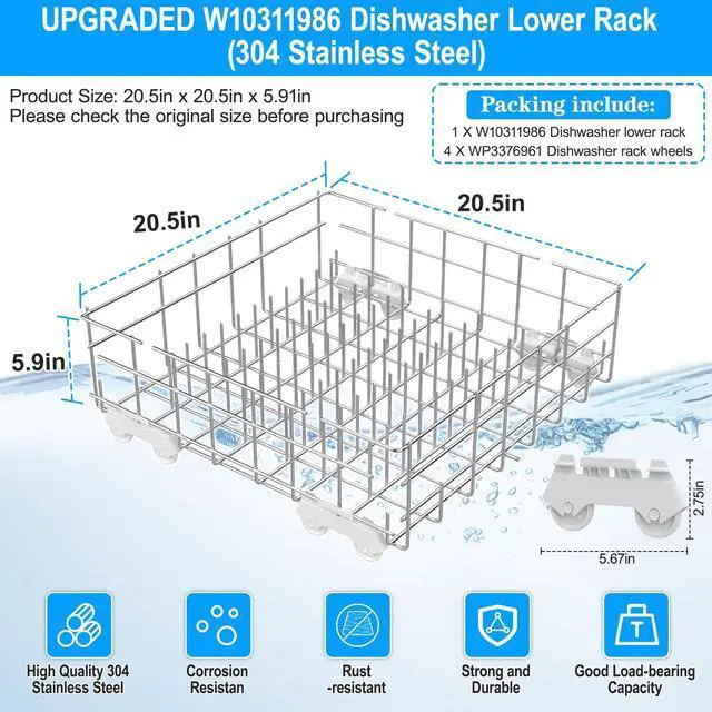 Alt view image 3 of 7 - Upgraded W10311986 W10380384 Dishwasher Lower Rack 304 Stainless Steel Compatible with Whirlpool Dishwasher Racks Replacement Parts WDT750SAHZ0 WDTA50SAHZ0 Whirlpool Dishwasher Bottom Rack with Wheel