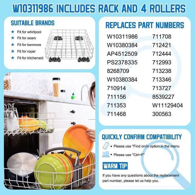 Alt view image 2 of 7 - Upgraded W10311986 W10380384 Dishwasher Rack, W11158802 Dishwasher Lower Dishrack with 4 Lower level rack wheels, replacement for Whirlpool Dishwasher, 20.5" x 20.5" x 5.9" Material Upgrade