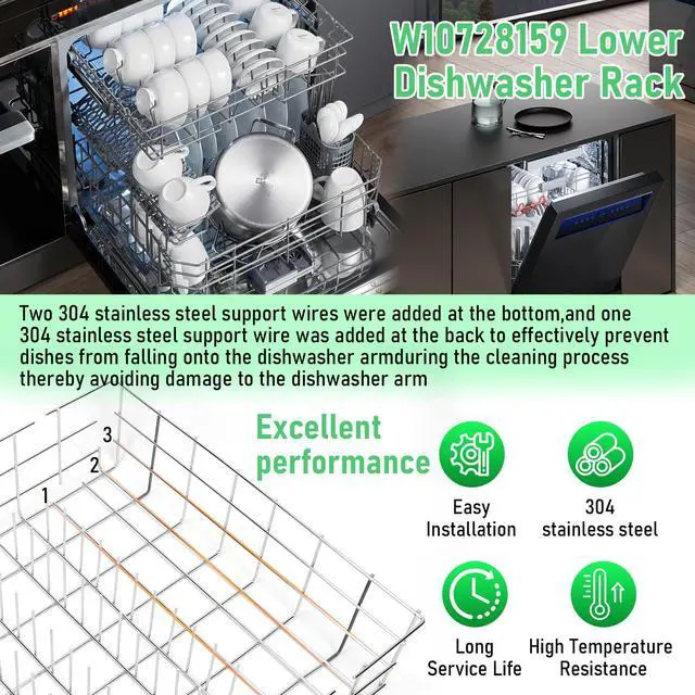 Alt view image 4 of 7 - Upgraded 304 Stainless Steel Dishwasher Lower Rack for Maytag, KitchenAid, Whirlpool - 22D x 20.5W - OEM Replacement Parts W10728159, W10525646, W10082825, W10780925