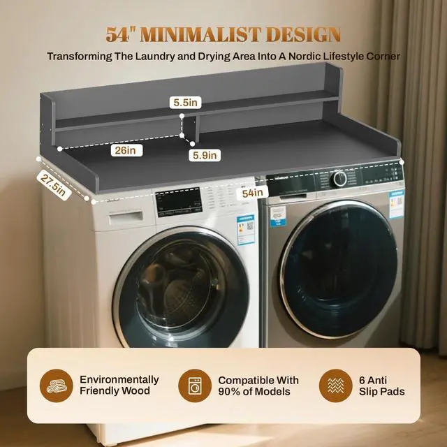 Alt view image 2 of 7 - 2-Tier Washer Dryer Countertop 54x27.5 Laundry Machine Topper,Black | With Edge & Non-Slip Pads, for Laundry Room Organization Storage Clothes Folding, Durable 2-Tier Laundry Shelf Topper