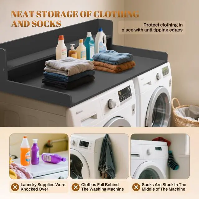 Alt view image 4 of 7 - 2-Tier Washer Dryer Countertop 54x27.5 Laundry Machine Topper,Black | With Edge & Non-Slip Pads, for Laundry Room Organization Storage Clothes Folding, Durable 2-Tier Laundry Shelf Topper