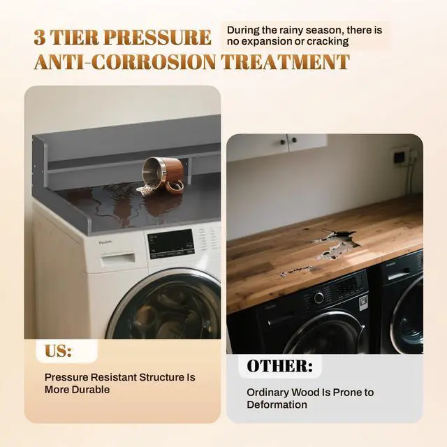Alt view image 5 of 7 - 2-Tier Washer Dryer Countertop 54x27.5 Laundry Machine Topper,Black | With Edge & Non-Slip Pads, for Laundry Room Organization Storage Clothes Folding, Durable 2-Tier Laundry Shelf Topper
