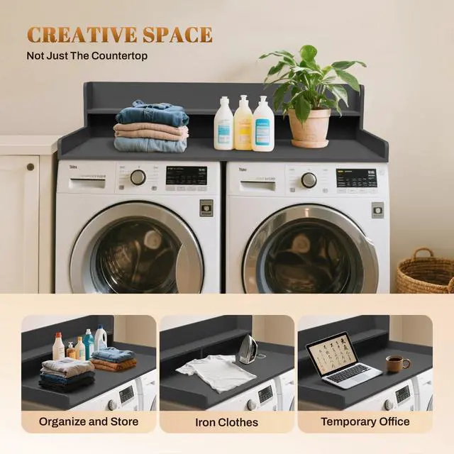 Alt view image 7 of 7 - 2-Tier Washer Dryer Countertop 54x27.5 Laundry Machine Topper,Black | With Edge & Non-Slip Pads, for Laundry Room Organization Storage Clothes Folding, Durable 2-Tier Laundry Shelf Topper