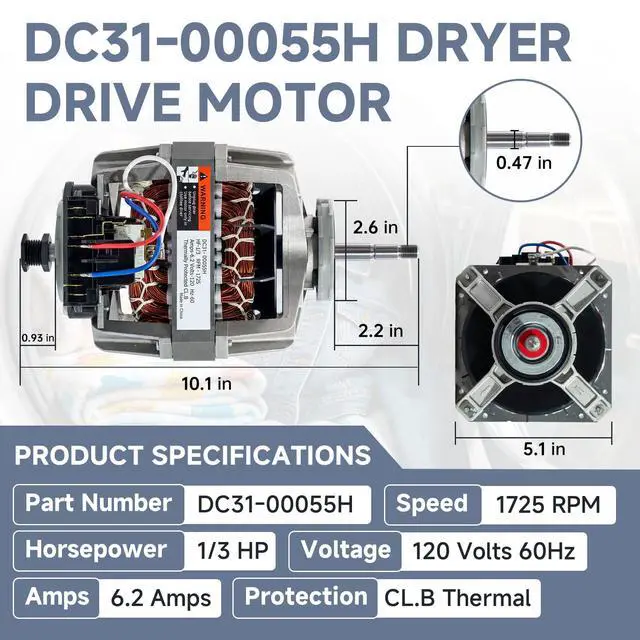 Alt view image 2 of 7 - DC31-00055H Dryer Motor 1/3HP 1725RPM Samsung Replacement | 120V 6.2A drive motor fits Samsung DV2-DVG & Kenmore 40289032011, replaces DC31-00055D, AP5331095, PS4204647