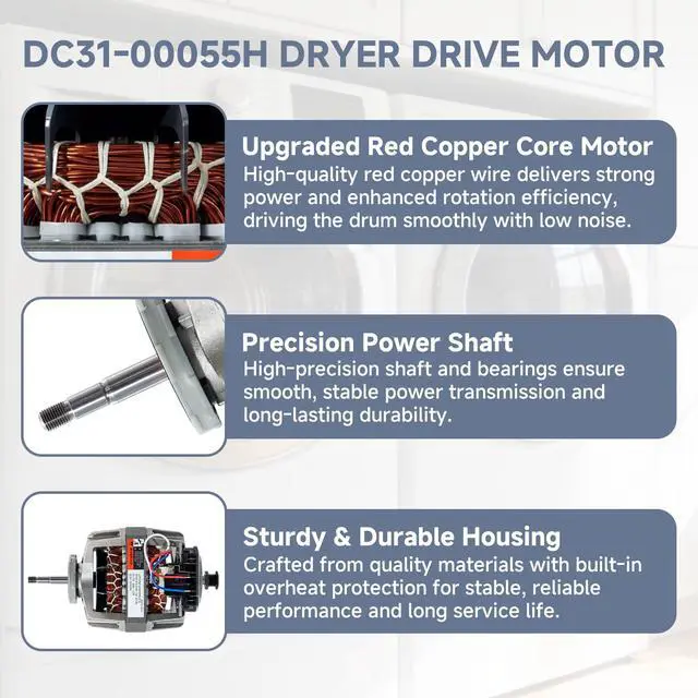 Alt view image 3 of 7 - DC31-00055H Dryer Motor 1/3HP 1725RPM Samsung Replacement | 120V 6.2A drive motor fits Samsung DV2-DVG & Kenmore 40289032011, replaces DC31-00055D, AP5331095, PS4204647