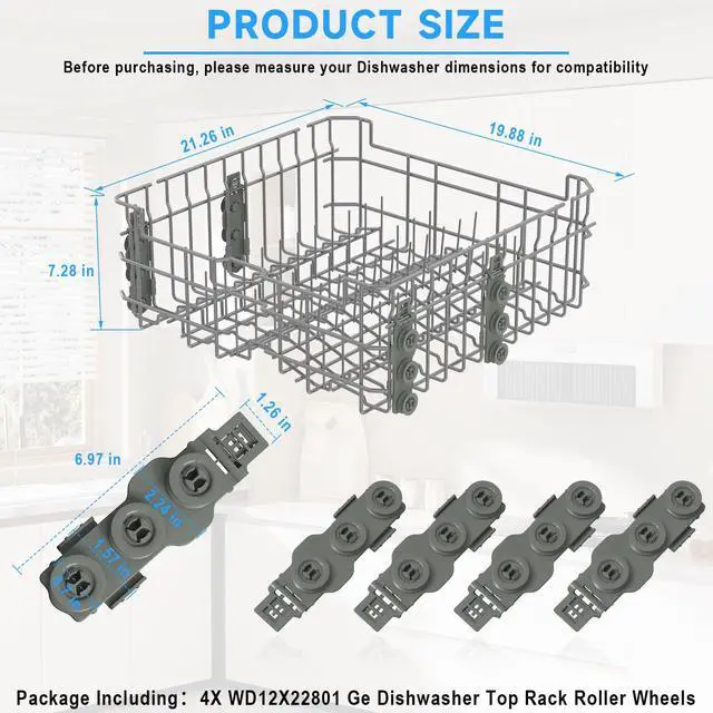 Alt view image 3 of 7 - WD28X30219 WD28X35779 Upper Dishrack for Ge Dishwasher Rack Replacement | WD28X24397 WD28X26098 Dishwasher Top Rack Replacement with Roller Wheels,GE GDT535PSM0SS GDT550PYR0FS Dishwasher Upper Rack